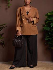 Veslaya 2025 Autumn/Winter New Large Women's/Autumn Women's/Return To School/School Clothing/Y2k/Street Style/Date Outing/Work/Office/Women's Airport Clothing/Party/Commuting/Elegant/Cocktail/Punk/Decadent/Valentine's Day/Commuting French Loose Brown Texture Fabric Flat Barge With Pocket Long Sleeve H-Shaped Double Row Buckle Fall