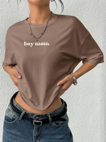 INAWLY Women's Letter Print Loose Round Neck Short Sleeve T-Shirt, Summer - Khaki - View 3