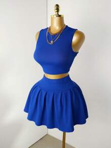 Mistrie 2pcs Women's Casual Solid Color Tank Top & Pleated Mini Skirt Set, Summer - Royal Blue - View 3