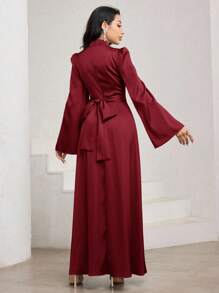 Veilorie 女式优雅纯色喇叭袖阿拉伯风格连衣裙 - 酒紅色 - 查看 2