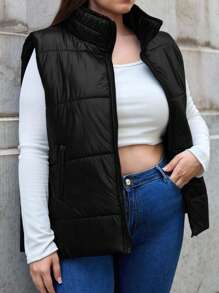 EURMUSE Chaqueta acolchada para mujer de talla grande sin mangas con cierre de cremallera - Negro - Ver 1