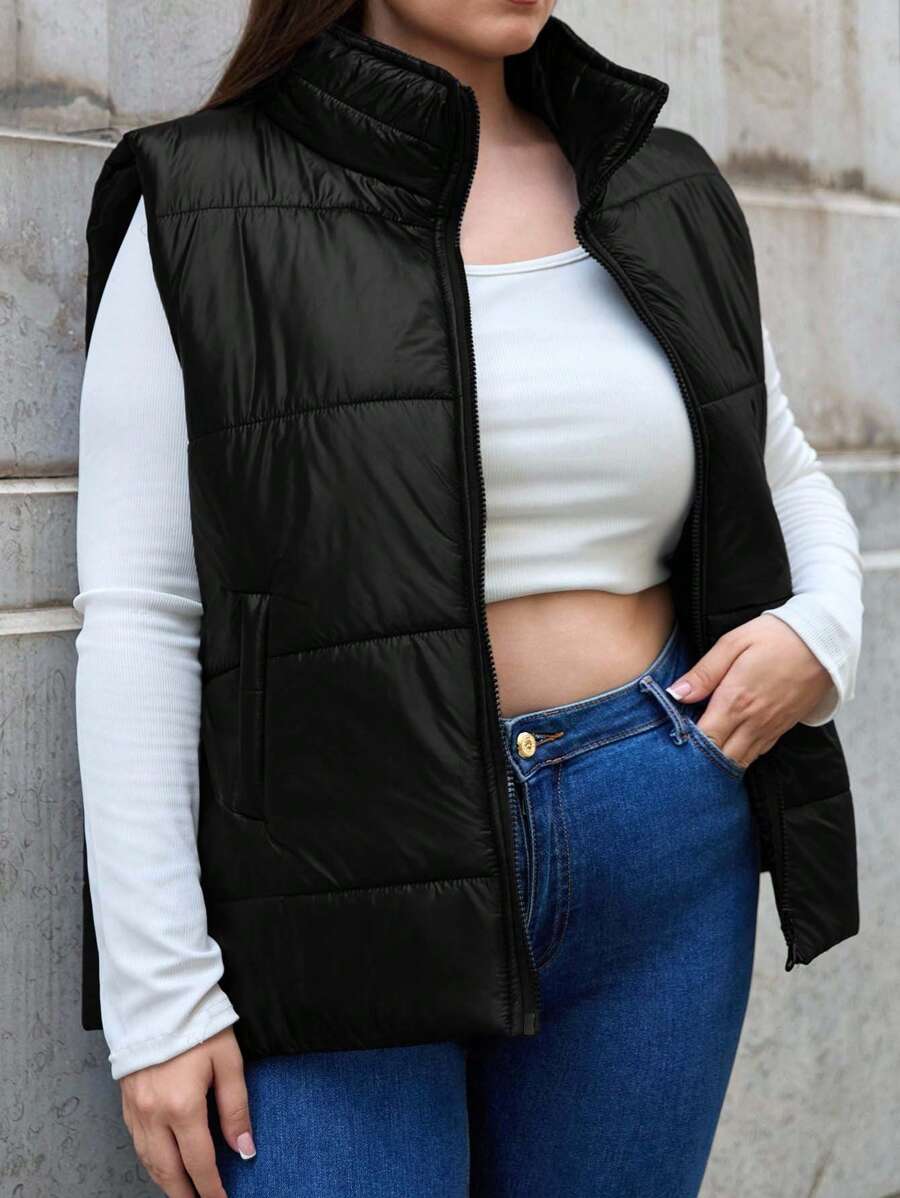 EURMUSE Chaqueta acolchada para mujer de talla grande sin mangas con cierre de cremallera - Negro - Ver 1