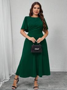 Modelyn Plus Size Women's Solid Color Round Neck Ruffle Short Sleeve Pleated Elegant Dress,Fall Clothes For Women - Dark Green - View 5