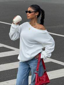Muchica 女装秋季新款纯白色宽松露肩保暖内衬女式运动衫，适合日常街头穿着 - 白色 - 查看 3