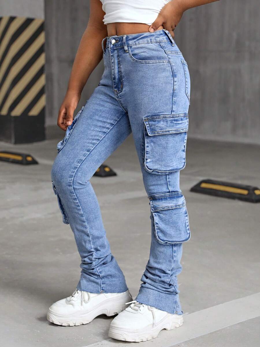 SHEIN Young Girl Blue Denim Elastic Skinny Layered Leggings - Light Wash - View 1