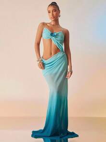 Hauture Women's Sexy Summer Aqua Blue Ombre Cut Out Maxi Dress With 3d Ombre Tropical Floral Decor