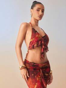 Hauture Áo ba lỗ xếp nếp họa tiết động vật trừu tượng có thể chuyển đổi có đính hạt cho tiệc đêm hè gợi cảm - Nhiều màu - Xem 4