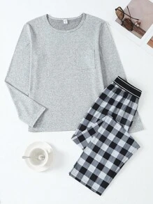 青少年男孩花卉印花口袋长袖上衣搭配经典黑灰色格子裤，休闲家居服套装 - 彩色 - 查看 3