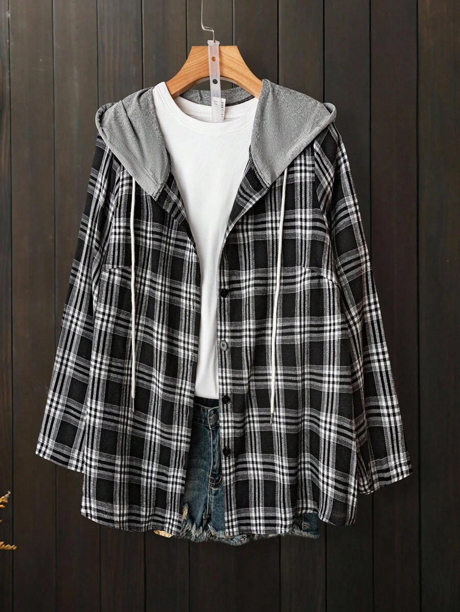Linhara Plus Size Women's Casual Retro Hooded Plaid Contrast Color Shacket, Versatile Minimalist, Comfortable, Early Autumn Outerwear Fall Winter Cloth For Women