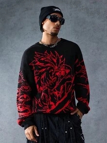 ROMWE MEN Anime 男士动漫人物提花针织宽松长袖毛衣，秋冬，垃圾摇滚风格 - 黑色 - 查看 5
