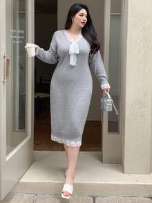Dazy Plus 蕾丝拼接系带喇叭袖宽松直筒中长款大码女式优雅毛衣裙，秋季 - 灰色 - 查看 3