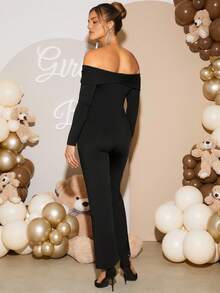 Loomaby Eleganter Party-Jumpsuit in Unifarbe, Off-Shoulder für Schwangere - Schwarz - Übersicht 2