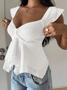 SHEIN EZwear 女士纹理针织荷叶边下摆甜心领泡泡袖优雅T恤，锐舞上衣