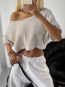 SHEIN EZwear Semi-Sheer Knitted Scoop Neck T-Shirt In Khaki With Asymmetrical Design Striped Crop Top Cropped Knit Top - Khaki - View 5