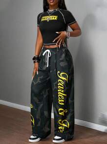 Slaydiva 2025 Spring/Summer New Music Festival Sexy Easter Holiday Western Nomadic Style Birthday Graduation Student Daily Wear Basic Versatile Viral Simplistic Casual Club Outfit Women Lettering Graphic Tee Crop Top + Camo Letter Print Loose Straight Leg Pants 2-Piece Set 2 Pieces Sets Woman Casual - Multicolor - View 3