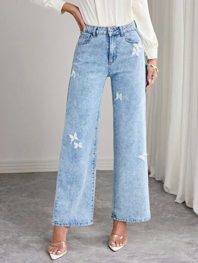 Elenzga جينز ذو ساق مستقيمة مزين بفراشات ومرصع بالراين للنساء