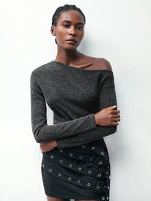 Maija 2025 Asymmetric Shoulder Fitted Elegant Long Sleeve Women T-Shirt,Fall For Women, Winter, Halloween,National Day, Going Out, Going Out Top, Elegant Women's Tops,Autumn And Winter Base Shirt, Basic Style, Versatile, Long-Sleeved, Slim-Fit Knit - Dark Grey - View 1