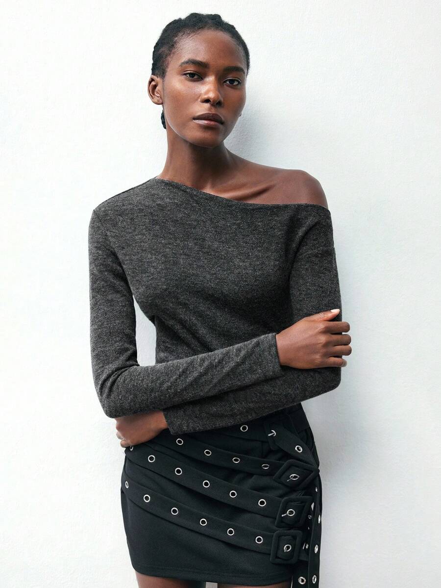 Maija 2025 Asymmetric Shoulder Fitted Elegant Long Sleeve Women T-Shirt,Fall For Women, Winter, Halloween,National Day, Going Out, Going Out Top, Elegant Women's Tops,Autumn And Winter Base Shirt, Basic Style, Versatile, Long-Sleeved, Slim-Fit Knit - Dark Grey - View 1