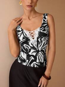 Shutterstock Glamance Women's Lace Detail Black & White Print Fitted Camisole Lace Up Top Tops For Women Elegant Criss Cross Top Flowy Top Casual - Black and White - View 3