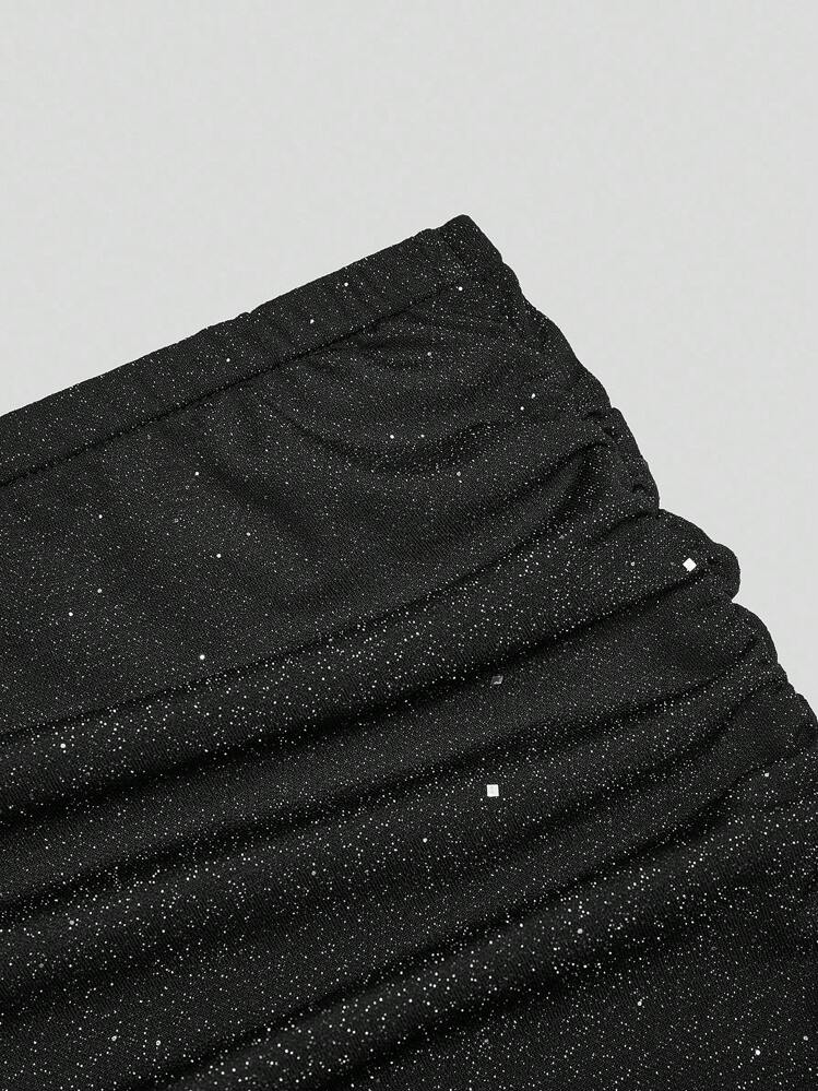 Sweetra 加大码金属箔抹胸双下摆束腰派对连衣裙 - 黑色 - 查看 3