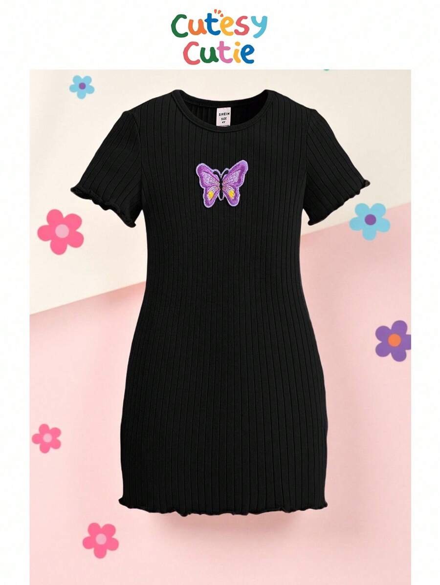 SHEIN 小女孩幼儿针织纯色圆领蝴蝶图案修身休闲连衣裙 - 黑色 - 查看 1