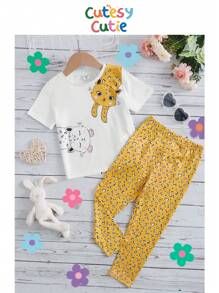 SHEIN Toddler Girls Cartoon Graphic Tee & Heart Print Trousers - Multicolor - View 1