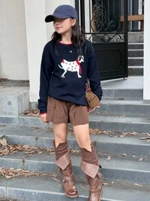 女童圆领小狗图案毛衣，青少年女孩秋季服装 - 寶藍色 - 查看 2