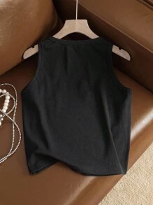 SHEIN Unity Women's Black Cotton-Blend Stretch Tank Top,Handcrafted Beaded 3D Floral Embellishments Summer Elegant Brunch Country Concert Punk Homecoming Tops - Black - View 3