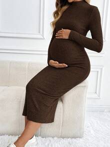 SHEIN Maternity Casual Solid Color Stand Collar Fitted Dress, Autumn/Winter Brown Long Sleeve For Winter Ribbed Cotton - Coffee Brown - View 5