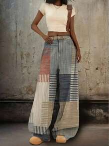 EMERY ROSE Jeans taille haute à jambe large avec imprimé graphique, style de rue décontracté pour femmes