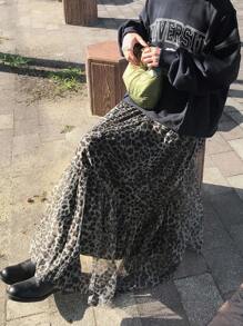 FRIFUL Women's Elastic Waist Sheer Leopard Print Pleated Hem Casual Versatile Skirt, Autumn - Brown - View 3