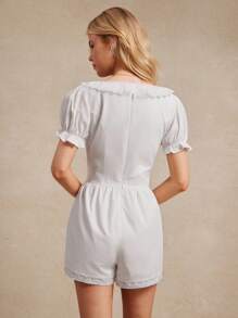 WESTFADE 100% 纯棉花卉孔眼撞色蝴蝶结前短款泡泡袖休闲连体衣夏季西部乡村牛仔女郎纳什维尔音乐会早午餐装波西米亚海滩度假 - 白色 - 查看 3