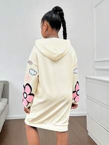 SHEIN Tween Girl 宽松休闲简约舒适字母印花连帽长款运动衫 - 杏色 - 查看 2