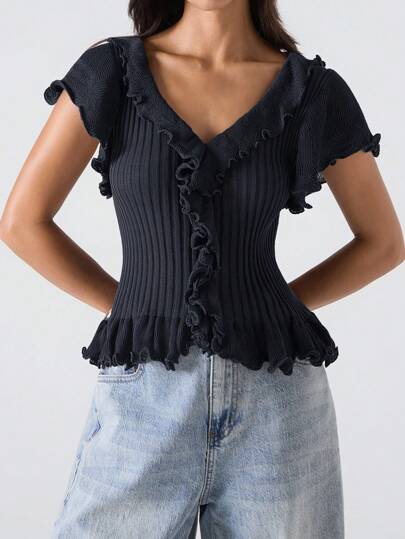 LYSMO 女士优雅纯色荷叶边针织上衣，夏季