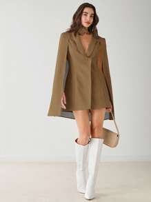 Enchnt Women's Fashionable Elegant Elegant Solid Color Shawl Neck Cape Sleeve Blazer Dress In Fall/Winter - Brown - View 8