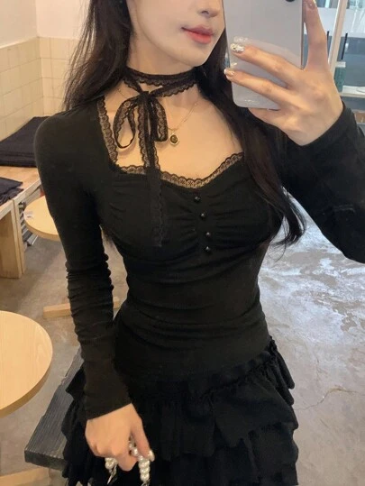 DAZY 女士优雅系带长袖 T 恤，春/秋