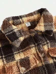 SHEIN Teen Girl Plaid Reversible Fleece Pocket Collar Short Jacket,In Fall/Winter - Brown - View 3