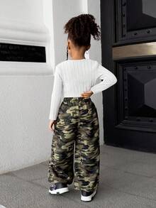 SHEIN Young Girl Casual Knit Long Sleeve Top And Camouflage Long Pants Set Girls Camo Pants Girls Cargo Pants Girls Outfit Sets Crop Top Girls Outfit Set - White - View 2