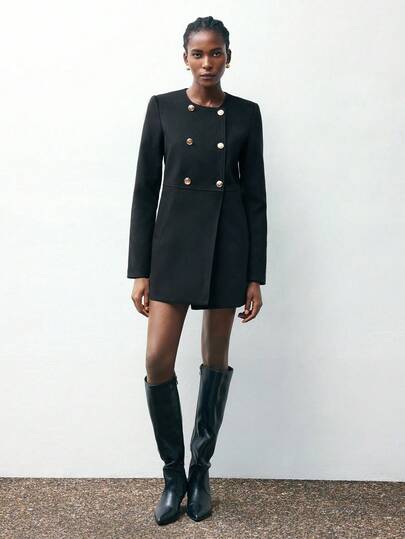 Maija Áo blazer cổ tròn hai hàng cúc bằng kim loại dành cho nữ và váy ngắn, mùa đông cho nữ, áo khoác mùa đông cho nữ, tiệc Giáng sinh, tiệc đêm giao thừa cho nữ, tiệc Giáng sinh, trang phục thường ngày cho nữ, thường ngày, màu đen cho nữ, phong cách thành thị hiện đại.