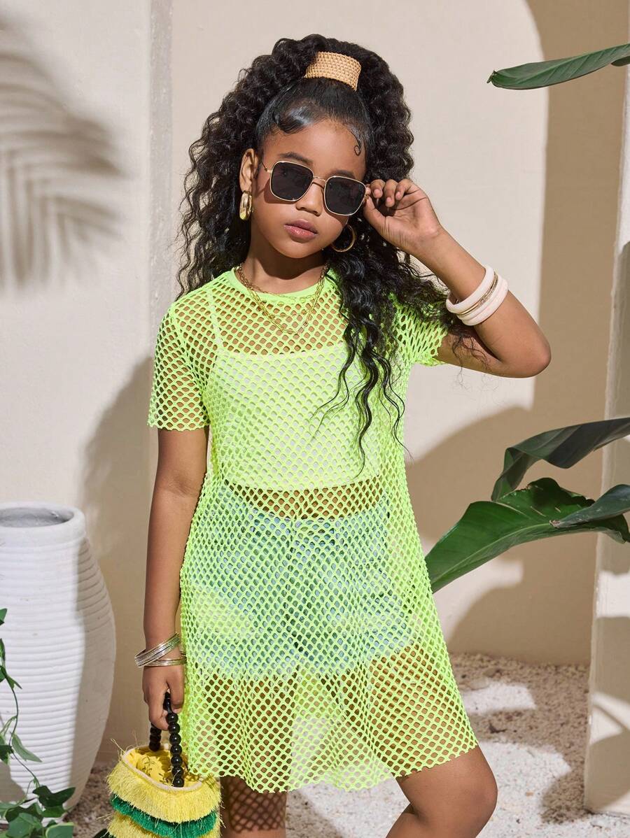 SHEIN 青少年女孩休闲针织网眼圆领短袖罩衫 - 黃色 - 查看 1