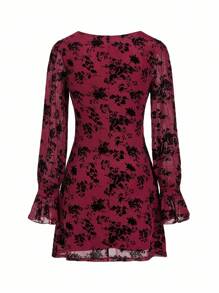 SHEIN Clasi Crew Neck Waist Cinched Flocked Dress, Halloween Dress - Red and Black - View 2