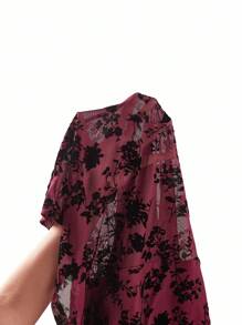 SHEIN Clasi Crew Neck Waist Cinched Flocked Dress, Halloween Dress - Red and Black - View 7