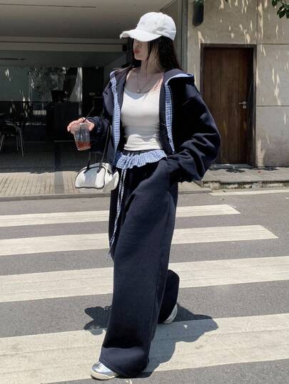 DAZY 여성용 격자 무늬 패치워크 후드 스웨트셔츠 및 스트레이트 레그 팬츠 2피스 캐주얼 세트 여성 스트리트 웨어 라운지 세트