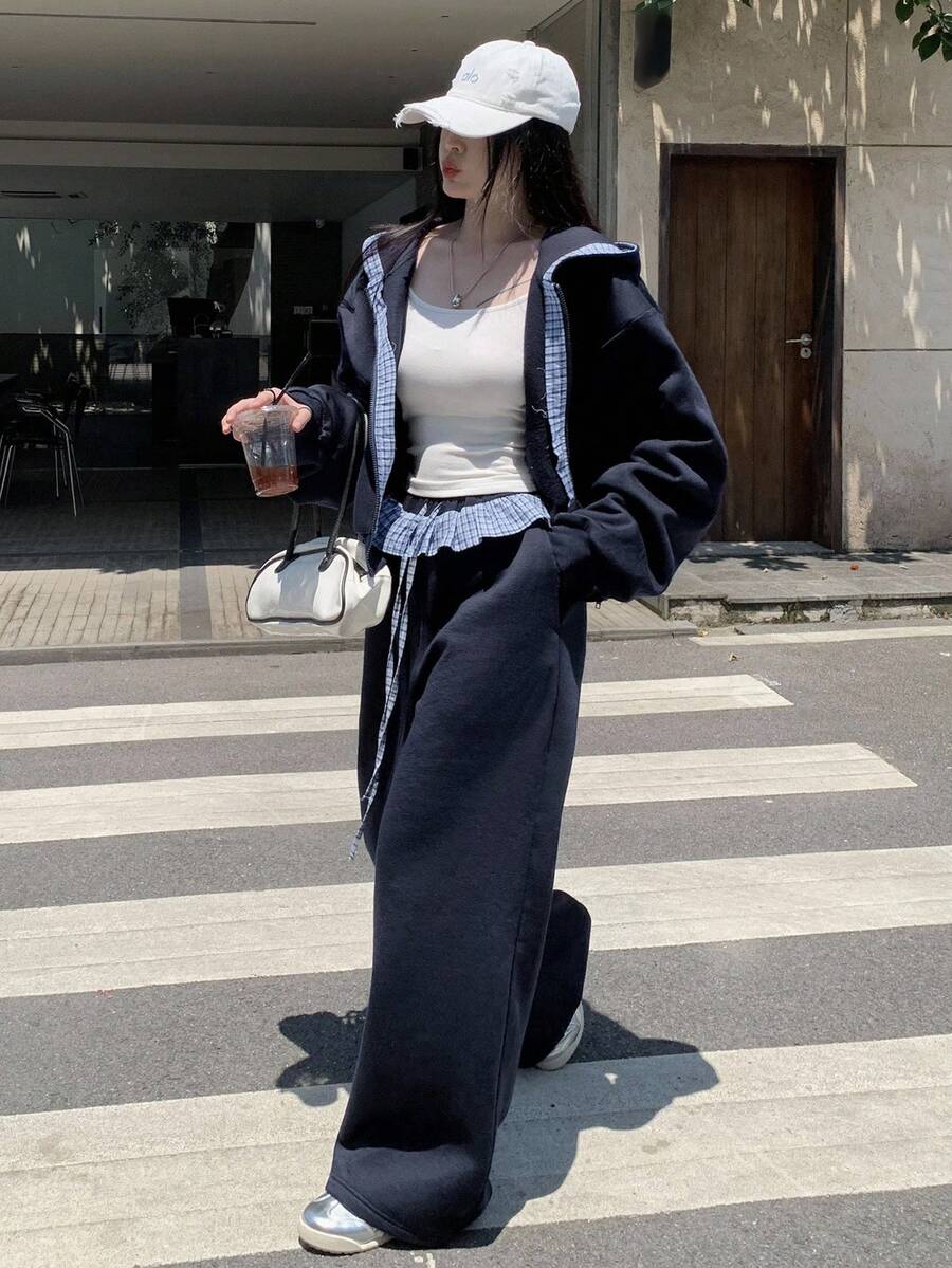 DAZY Set de 2 piese pentru femei, cu glugă și hanorac în carouri, pantaloni scurți cu picior drept, stil casual, stil streetwear - Albastru marin - Vizualizare 1