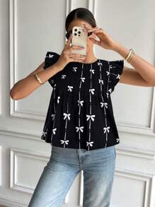 Serisse 女式蝴蝶结印花圆领盖袖褶皱宽松衬衫 - 黑色 - 查看 4