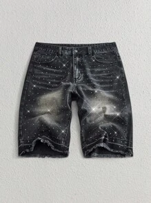 Manfinity VCAY Jeans de mezclilla rectos de tiro medio lavados con adornos de rhinestone para hombre - Negro - Ver 7