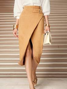 SHEIN Unity Avenne 优雅女士纯色铅笔裙，腰部配有搭扣，侧边开衩设计 - 卡其色 - 查看 1