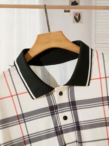 EASEVO Plus Size Men's Plaid Pattern Polo Shirt, Suitable For Summer - Khaki - View 3