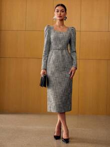 MOTF PREMIUM TWEED SPLIT HEM DRESS - Black and White - View 2