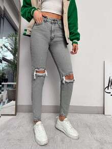 EURMUSE 100% Baumwolle Zerrissene, ausgefranste, ausgeschnittene Skinny Jeans - Grau - Übersicht 3